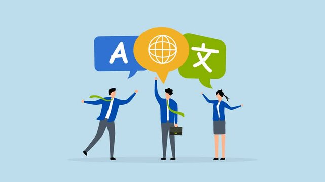 Language learning, 4k animation young adults conversing with foreign international language symbol. 