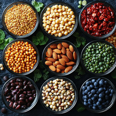 variety of legumes and nuts are displayed in glass bowls, showcasing colorful assortment including chickpeas, almonds, and beans, set against dark textured background with scattered mint leaves