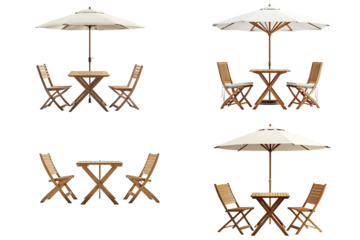 Wooden Outdoor Patio Folding Table and Chairs Set with Umbrella Isolated on Transparent Png