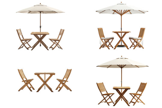 Wooden Outdoor Patio Folding Table and Chairs Set with Umbrella Isolated on Transparent Png