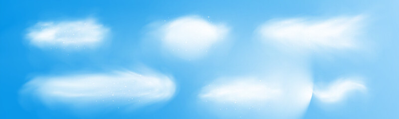 Realistic fluffy cloud set with soft transparency, glowing particles, and airy texture on a blue sky background for overlays and designs.