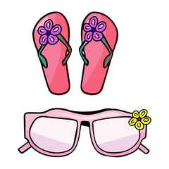Colorful summer illustration of hand drawn summer pink flip flops and sunglasses