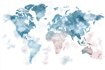 Watercolor world map showing continents and oceans in blue and pink