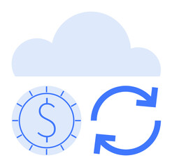 Cloud with currency coin and synchronization arrows represents data storage, currency, and digital processes. Ideal for finance, technology, e-commerce, efficiency, updates, cloud services fintech