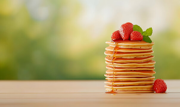 Delicious Stack of Pancakes with Fresh Strawberries and Maple Syrup