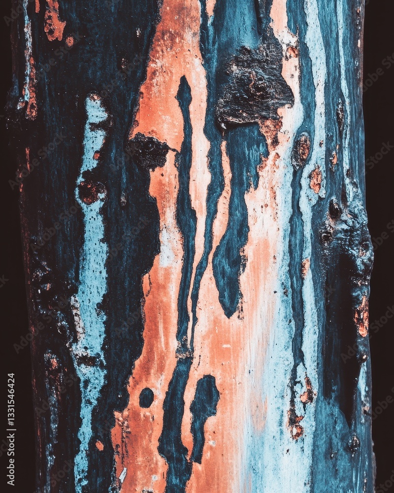 Poster a close-up view of a weathered tree trunk showcasing layers of peeling paint, revealing the rough te