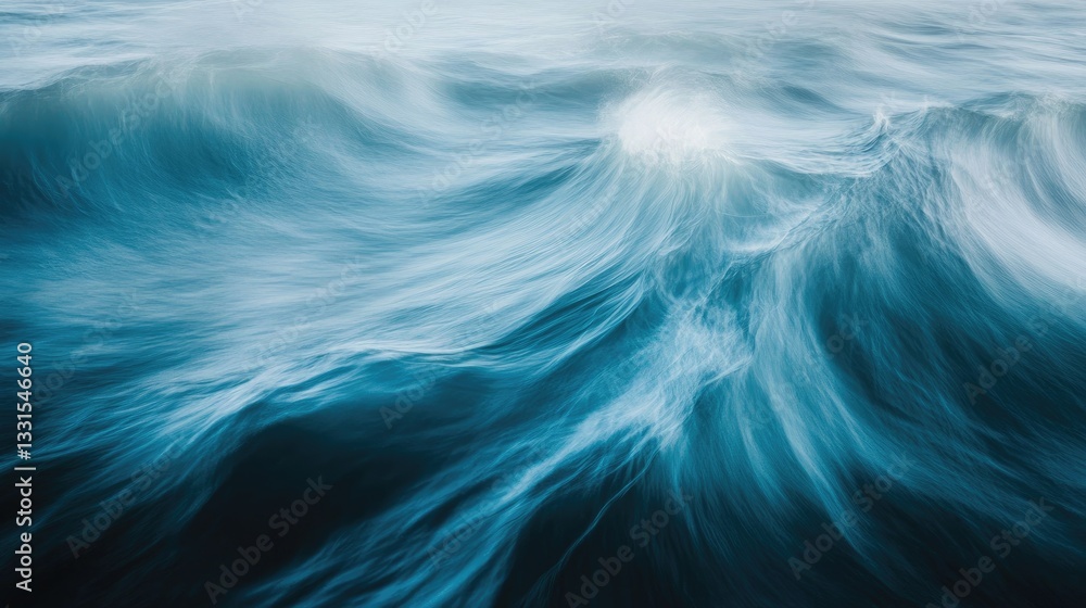 Poster fluid motion of ocean waves captured in deep blue hues with soft textures and light reflections