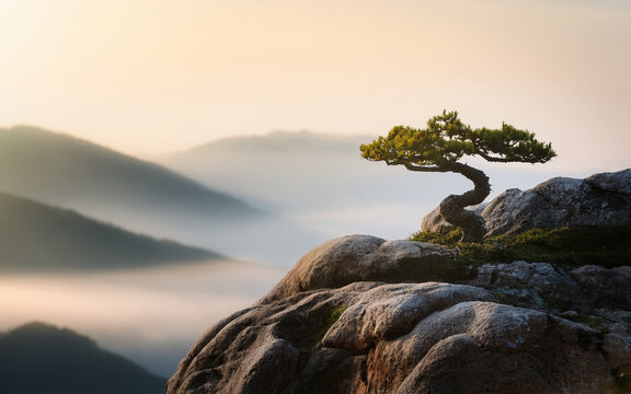 Paisaje minimalista de inspiraci&oacute;n zen con degradados suaves, l&iacute;neas fluidas y una paleta de colores terrosos y relajantes. Un bons&aacute;i solitario en la cima de una monta&ntilde;a brumosa, que evoca paz 