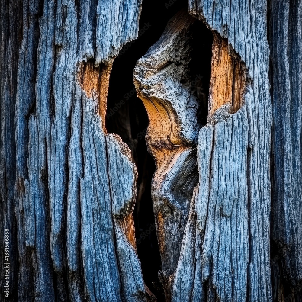 Poster a close-up view of a textured tree trunk featuring a natural hole, revealing intricate patterns of b