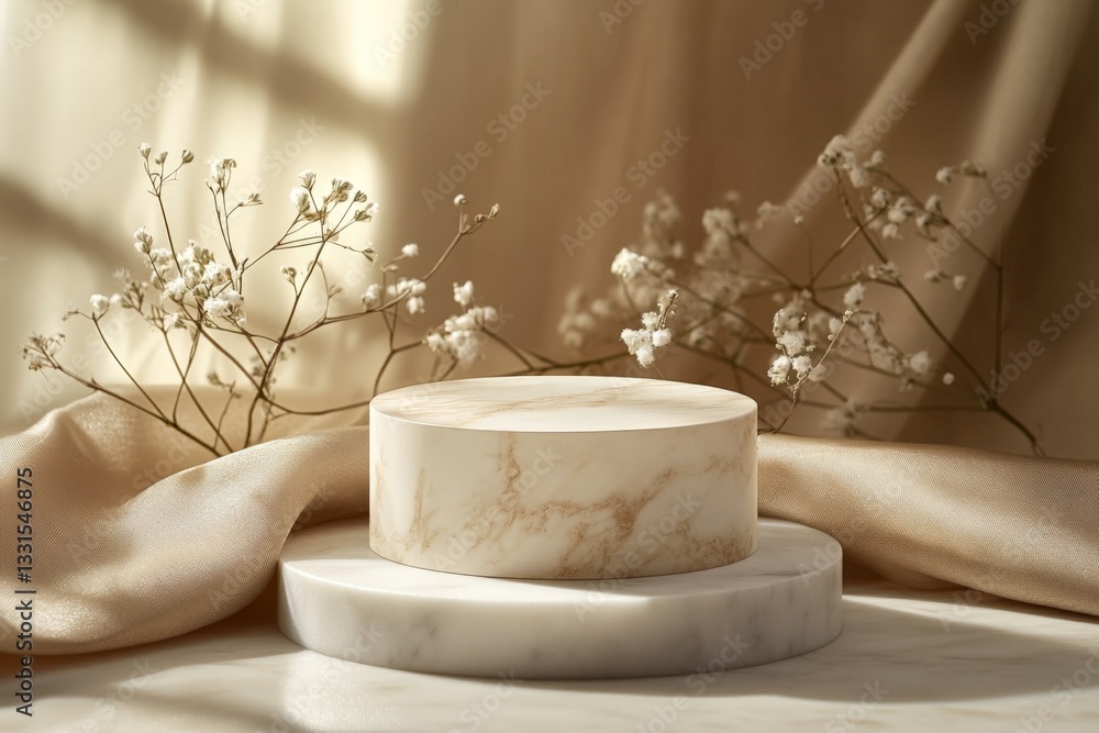 Poster elegant marble display with delicate flowers arranged on soft fabric in warm natural light