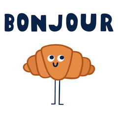 Cute croissant with French word - Bonjour. It's mean hello. Flat illustration on white background © Igor