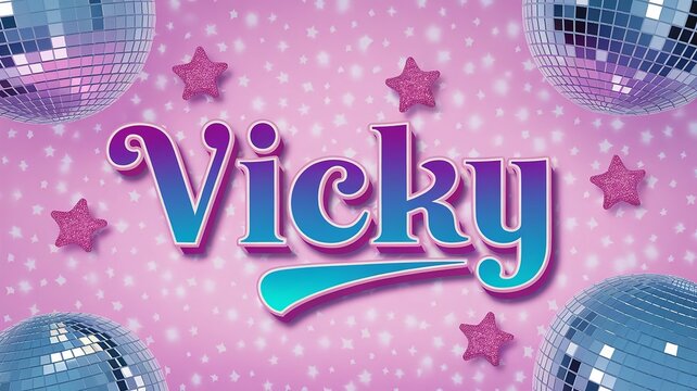 the name Vicky name on pink background with sparkling disco balls