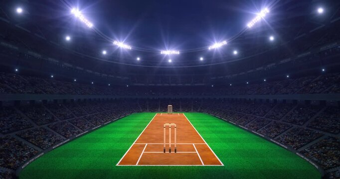 Glorious cricket field ready for epic match in a sports stadium full of thrilled fans, professional cricket sports 4k animation as endless loop background.