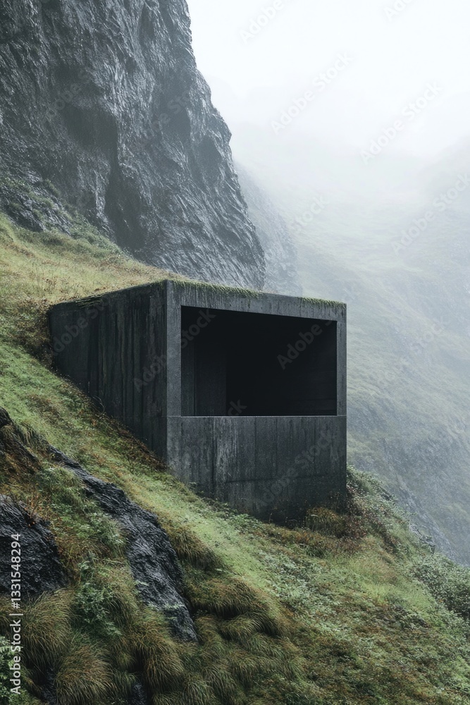 Poster a concrete structure sitting on a lush green hillside, suitable for use in landscape or architecture