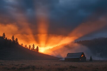 Oregon Wildfire at Sunset: Burning Barn on Mountain in Dramatic Landscape