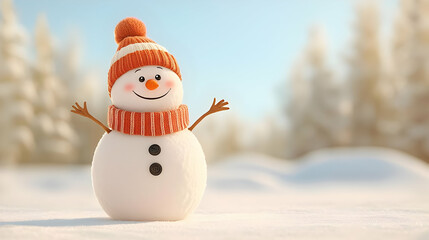 Obraz premium Cheerful Snowman with Orange Hat and Scarf in Winter Landscape
