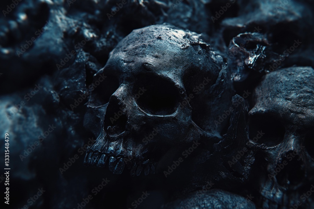 Aufkleber a collection of skulls resting on top of a pile of rocks, suitable for use in scenes about ancient c