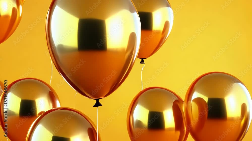 Poster shiny golden balloons floating against vibrant yellow background create festive and cheerful atmosph