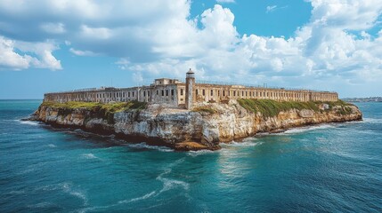 Naklejka premium Exploring a historic lighthouse island surrounded by ocean coastal landscape high-resolution aerial view