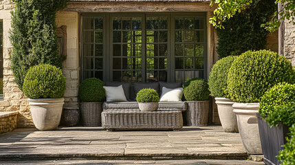 Fototapeta premium Elegant outdoor English gardens and seating areas, featuring lush greenery, manicured hedges, and graceful floral arrangements ideas