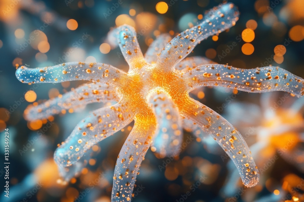 Poster colorful microscopic view of a cellular structure with glowing tentacle-like extensions and shimmeri