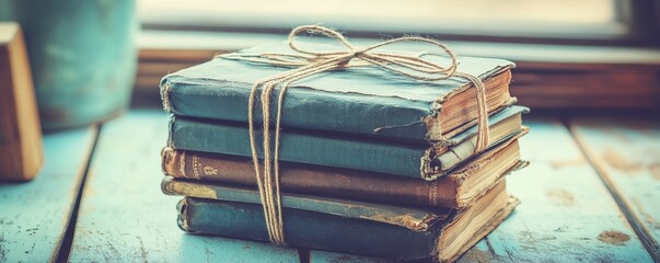 A close-up view of a neatly arranged stack of vintage books, elegantly bound together with a rustic twine string, showcasing their textured spines and worn covers, evoking a sense of nostalgia.