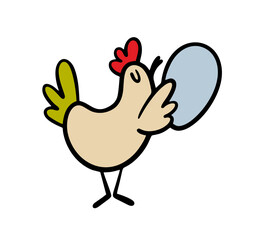 Cartoon chicken or rooster holds an egg. Vector illustration of traditional Easter fun, egg hunting. Funny bird, farm animal.