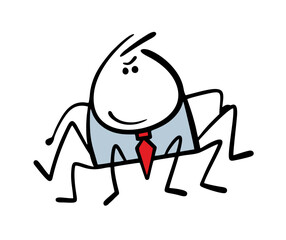Crafty politician or businessman in a suit and tie with spider legs. Vector illustration of a hybrid of a cunning stickman and a poisonous dangerous insect. Cartoon funny character isolated on white.