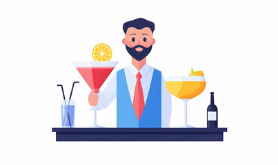 Friendly bartender serving colorful drinks at modern bar counter