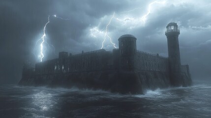 Fototapeta premium Stormy night at the haunted lighthouse ocean atmospheric photography dark environment dramatic viewpoint