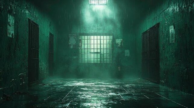 Mysterious prison escape scene abandoned jail cell digital art dark environment low angle view suspenseful concept