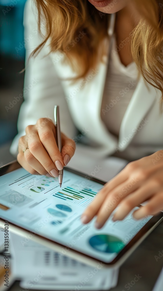 Poster analyzing business data with a digital tablet and pen, reviewing charts for growth insights