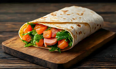 Fresh Vegetable Wrap with Salad Greens and Tomato on Wooden Board