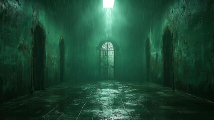 Mysterious rainy dungeon scene abandoned building digital art dark atmosphere low angle suspenseful concept