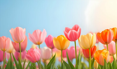 Fototapeta premium Colorful Tulip Flowers Blooming Under Bright Blue Sky