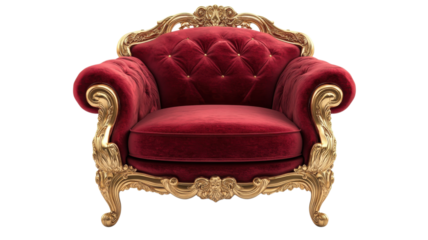 Luxurious red velvet armchair with ornate gold accents on display in a stylish interior setting