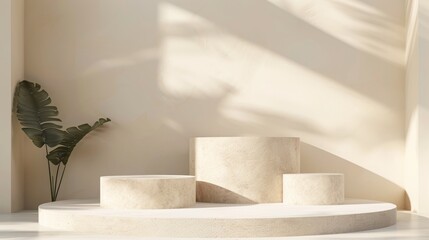 A minimalist room with a white platform and plants
