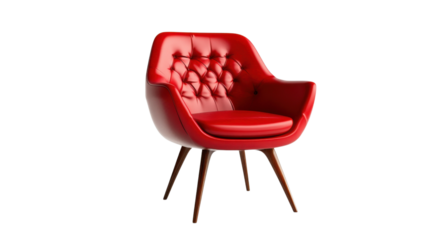 Stylish modern red armchair with tufted design and wooden legs on a white background perfect for contemporary decor
