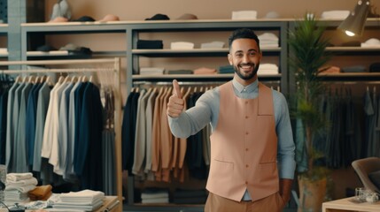 A man standing in a clothing store, smiling and pointing at the camera