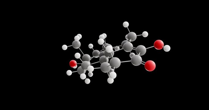 Oxabolone molecule, rotating 3D model of synthetic anabolic-androgenic steroid, looped video on a black background