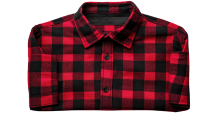 Stylish red and black plaid shirt folded neatly on a white background ready for casual wear or outdoor activities