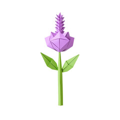 Origami flower on transparent background. Paper craft flower with purple petals and green stem and leaves. Concept of origami, paper art, and floral design.