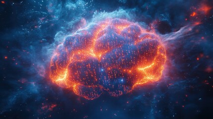 AI decision-making process visualized as glowing binary numbers flowing through a digital brain