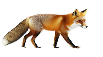 Fototapeta premium Red fox walking through a snowy landscape during winter in a forest setting