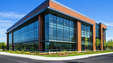 Obraz premium A striking modern office building features expansive glass walls and brick accents, complemented by vibrant greenery. The structure stands against a clear blue sky, radiating professionalism