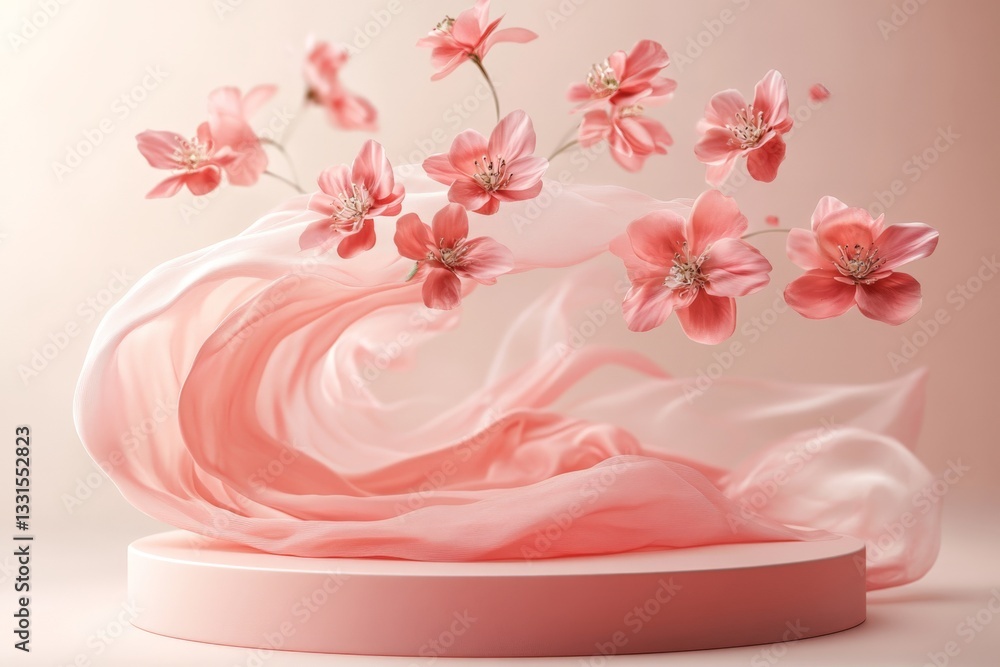 Poster delicate pink flowers floating on soft fabric creating a serene ambiance in a minimalist setting