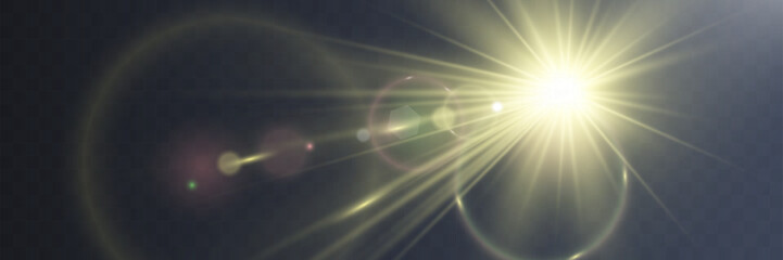 Fototapeta premium Bright white light explosion with lens flare, rainbow reflections, and sparkles on transparent background