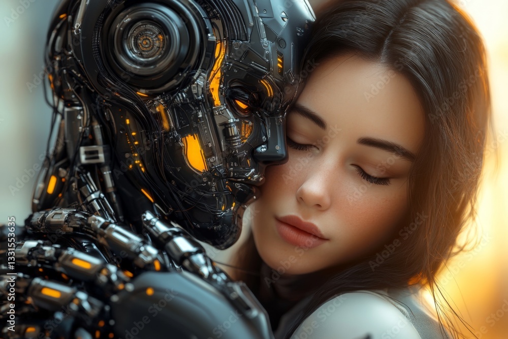 Poster moment of connection between human and robot in futuristic setting during soft lighting