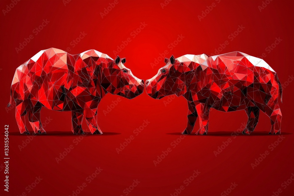 Aufkleber Two geometric red hippos touching noses on a bold red background