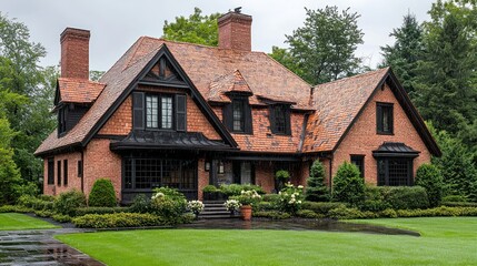 Brick house, rainy day, landscaped yard, suburban